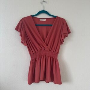 Jon & Anna Women's Red Flutter‎ Sleeve Smocked Waist Peplum Top L